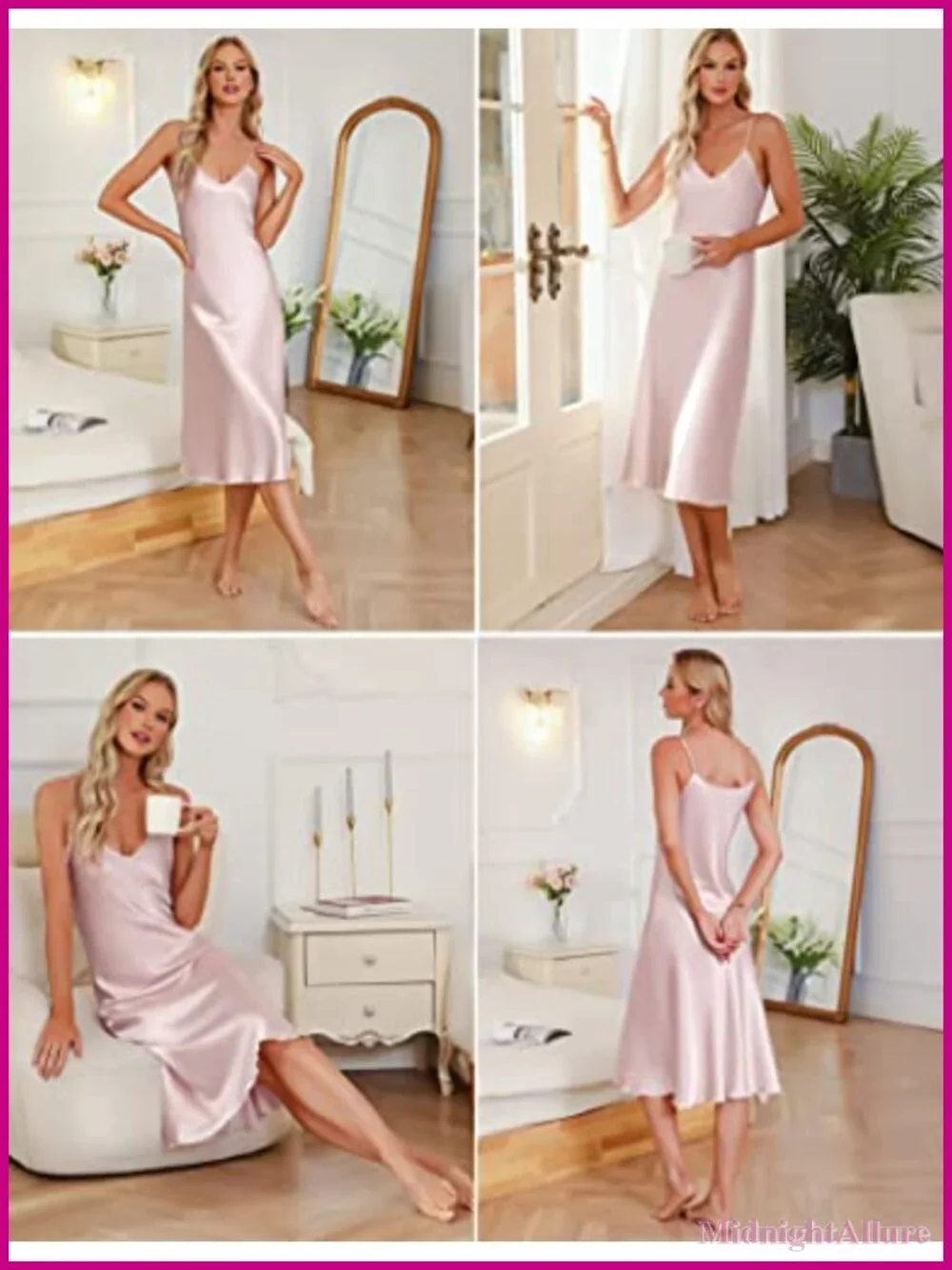 Women Satin Nightgown V Neck Adjustable Strap Silk Slip Dress Sleepwear